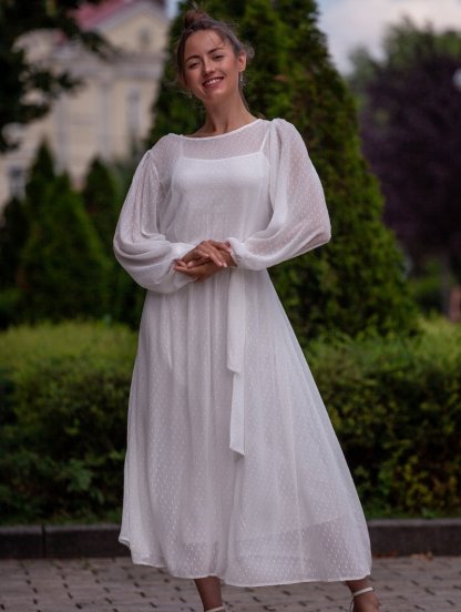 Белое коктейльное платье в горошек: элегантное миди-трапеция со съемным поясом для дней рождения и выпускных вечеров, фото 1