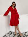 Элегантное красное шелковое платье миди: V-образный вырез и длинные рукава, идеально подходит для наряда на день рождения или выпускной, фото 5