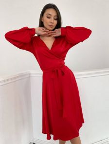Элегантное красное шелковое платье миди: V-образный вырез и длинные рукава, идеально подходит для наряда на день рождения или выпускной