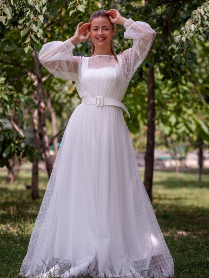 Нарядне белое платье миди с накидкой в горошек, фото 1