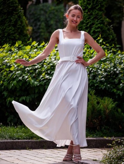 Шикарное атласное платье-миди с квадратным вырезом белого цвета — идеально для весны и лета, фото 1
