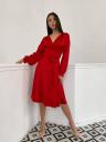 Элегантное красное шелковое платье миди: V-образный вырез и длинные рукава, идеально подходит для наряда на день рождения или выпускной, фото 4