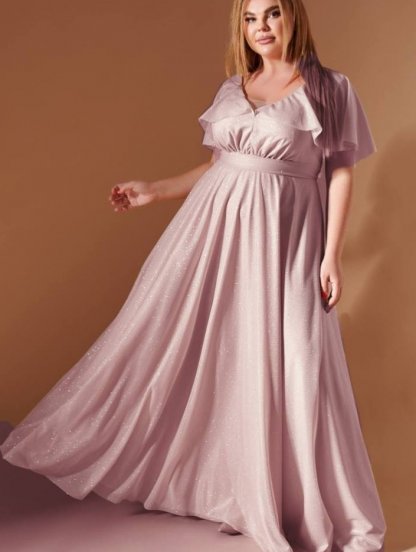 Вечернее длинное шифоновое платье пудрового цвета, с коротким рукавом и поясом,, фото 1