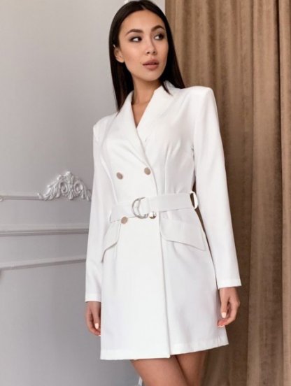 Элегантное белое платье-пиджак с длинными рукавами и V-образным вырезом, фото 1