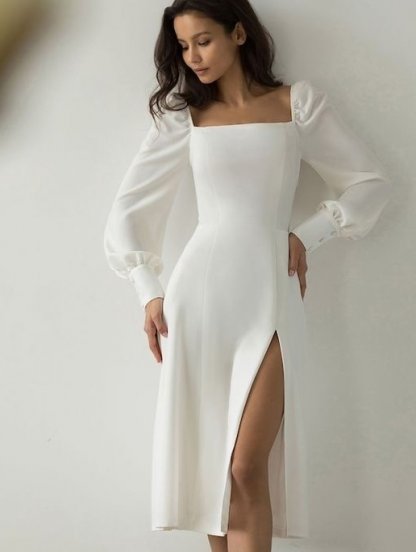 Белое миди платье с квадратным вырезом, с манжетами на рукавах, фото 1