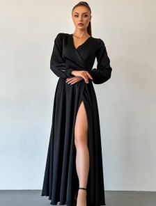 Длинное черное платье с поясом