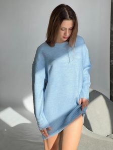 Голубой женский базовый свитер с воротником стойка