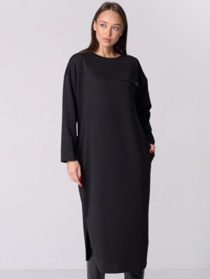 Чорное платье миди длины с рукавом прямого кроя, фото 1