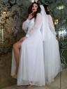 «Элегантное белое вечернее платье для помолвки – макси, длинные прозрачные рукава и V-образный вырез с гламурным боковым разрезом», фото 3