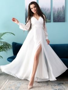 Свадебное блестящее шифоновое белое платье в пол