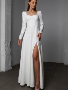 Атласное длинное белое платье с длинным рукавом для росписи с разрезом