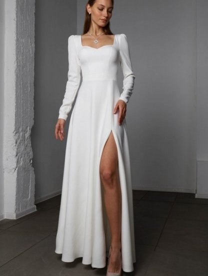 Атласное длинное белое платье с длинным рукавом для росписи с разрезом, фото 1