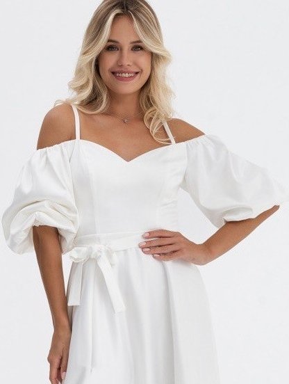 Коктейльное короткое белое платье с рукавами-фонариками, фото 1