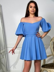 Короткое коктейльное платье голубого цвета с пышными рукавами — идеально подходит для выпускного, гостей на свадьбе и летних вечеринок
