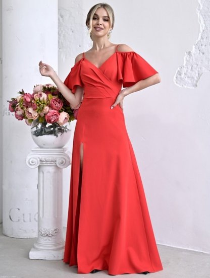 Красное вечернее длинное платье на бретелях с разрезом, фото 1