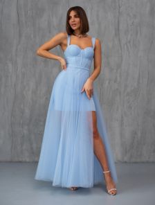 Красивое корсетное платье с короткой обкой голубого цвета