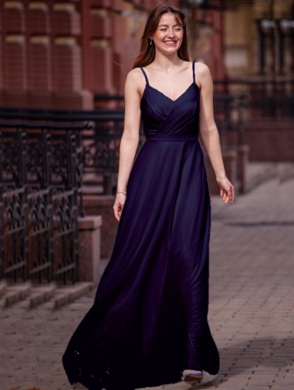 Сексуальное синее шифоновое макси-платье со съемными прозрачными рукавами для элегантного образа гостя на летней свадьбе, фото 1