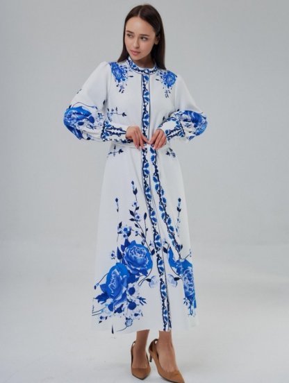 Белое платье с поясом и цветочным принтом, фото 1