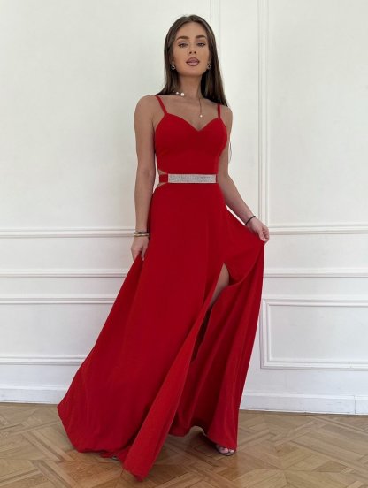 Красное нарядное вечернее платье на тонких бретелях, фото 1