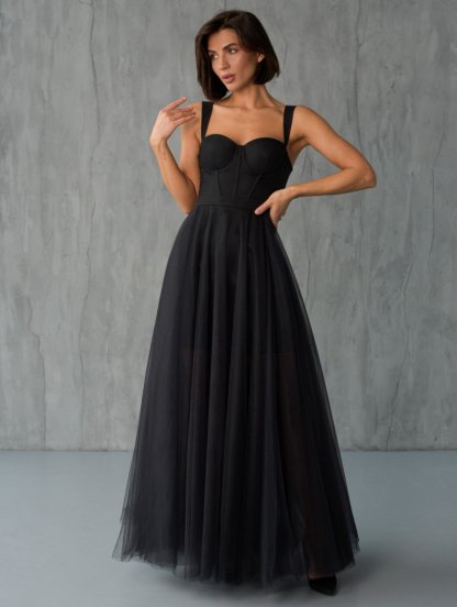 Красивое длинное корсетное платье черного цвета, фото 1