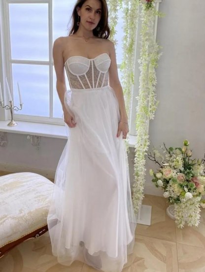 Длинное корсетное белое платье на выпускной или для невесты, фото 1