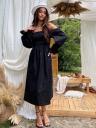 Летнее черное льняное платье с открытыми плечами и топом-резинкой, фото 2