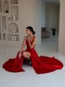 Красное, длиной до пола, атласное вечернее платье, фото 3