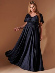 Вечернее длинное шифоновое платье синего цвета с коротким рукавом и поясом