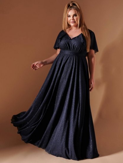 Вечернее длинное шифоновое платье синего цвета с коротким рукавом и поясом, фото 1