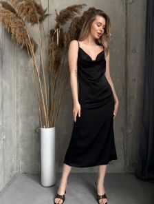 Шелковое черное легкое платье на лето на брительках больших размеров