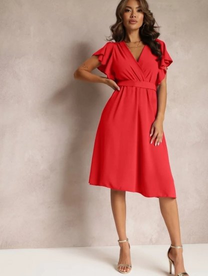 Элегантное красное платье миди с рукавами-бабочками – идеально подходит для летних коктейлей и официальных мероприятий, фото 1