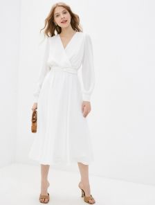 Белое шелковое платье-миди с длинными рукавами
