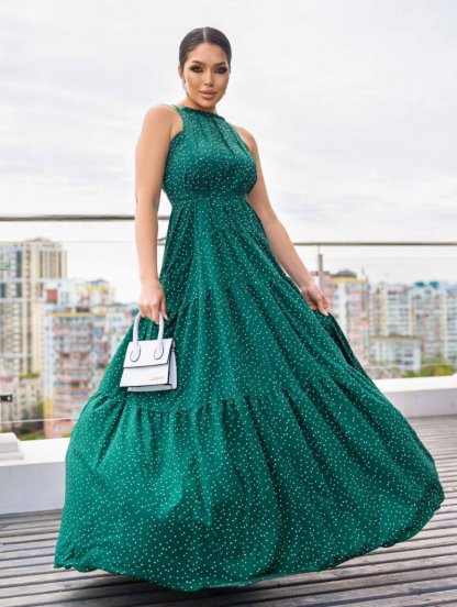 Зеленое летнее платье А-силуэта в пол с карманами, фото 1