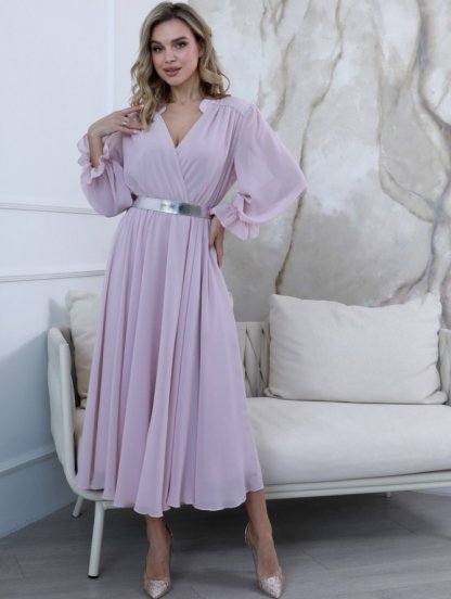Элегантное шифоновое платье миди пудрового цвета, фото 1