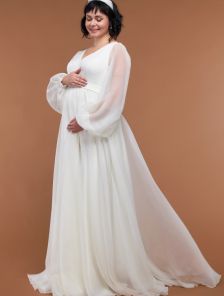 Длинное белое свадебное платье для беременных с рукавом