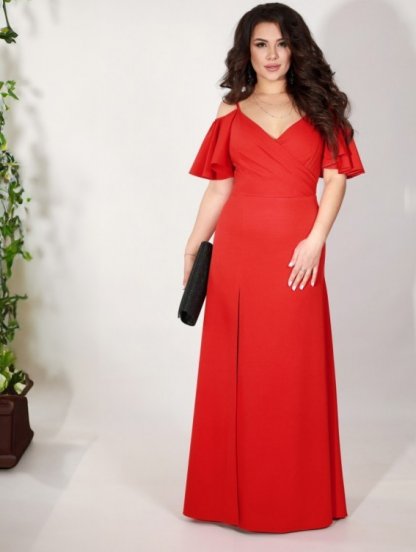Красное вечернее длинное платье на бретелях с разрезом, фото 1
