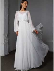 Шикарное шифоновое платье макси белого цвета и длинными рукавами