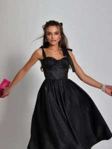 Модное корсетное черное блестящее платье миди