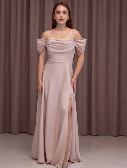 Вечернее длинное бежевое платье макси, фото 1