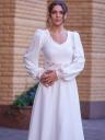 Увеличить фото Элегантное белое платье-миди с вышитым поясом и манжетами, длинный рукав, фото 5