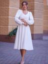 Увеличить фото Элегантное белое платье-миди с вышитым поясом и манжетами, длинный рукав, фото 3