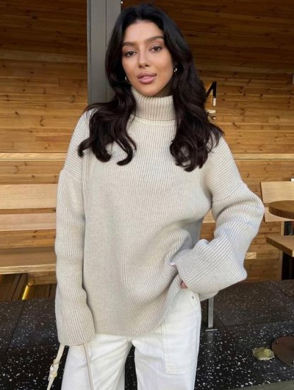 Теплый вязаный свитер крупной вязки в беж, фото 1