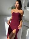 Марсаловое вечернее длинное платье с разрезом с открытыми плечами, фото 3