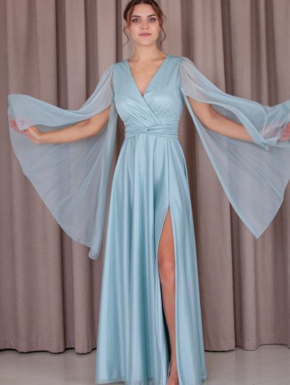 Вечернее длинное шифоновое платье оливкового цвета, вечернее платье на длинный рукав, фото 1