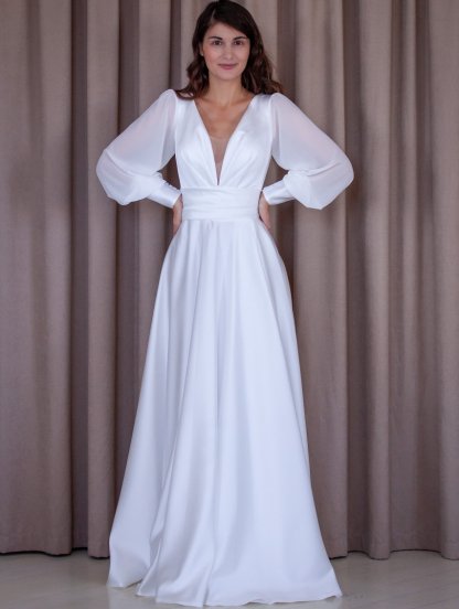 Свадебное длинное белое платье на длинный рукав, фото 1