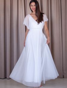 Нарядное шифоновое белое платье большого размера в пол с поясом