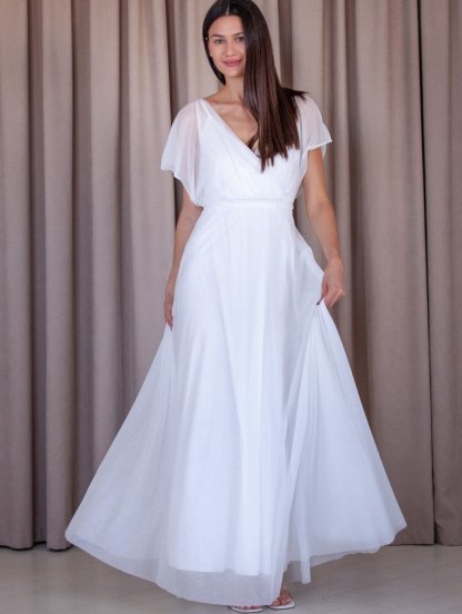 Нарядное шифоновое белое платье большого размера в пол с поясом, фото 1