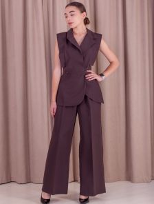 Коричневый женский брючный костюм двойка: жилет и брюки