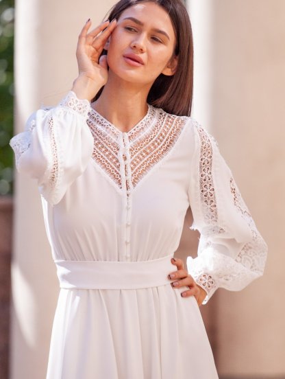 Белое кружевное платье с длинным рукавом, платье на розпись или свадьбу, фото 1