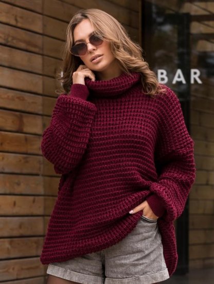 Теплый вязаный свитер марсала с горловиной, фото 1
